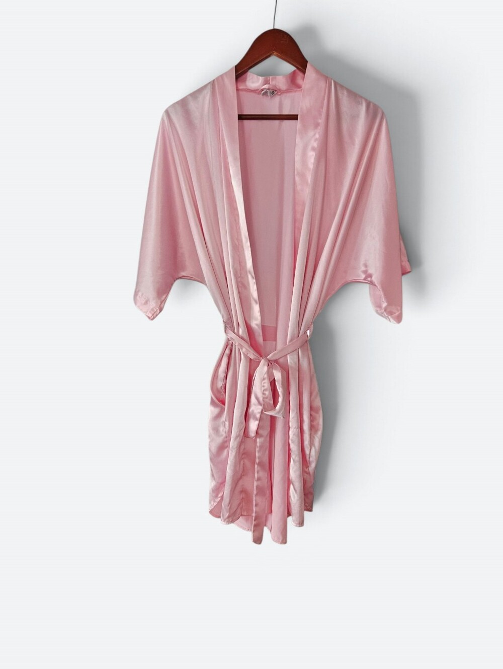 Vintage Kathryn Y2K Baby Pink Satin Belted Mini Robe Kimono Dressing Gown S